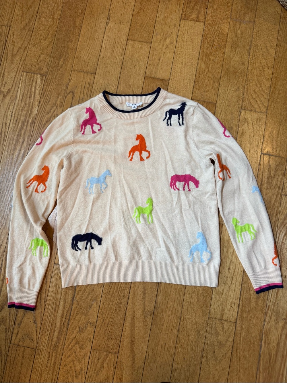 THML Womens Cream Crewneck Sweater Multicolor Horse Motifs Sz M Equestrian